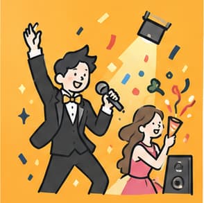 マイクを持ち、華やかな演出を楽しむカップル