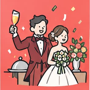 シャンパンと花束でゲストを迎える新郎新婦