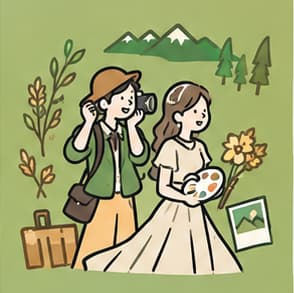 カメラと絵の具を手に、自然の中で表現を楽しむカップル