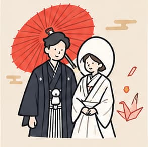 赤い和傘の前に立つ和装の新郎新婦
