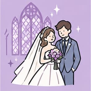 ステンドグラスの前に立つ新郎新婦